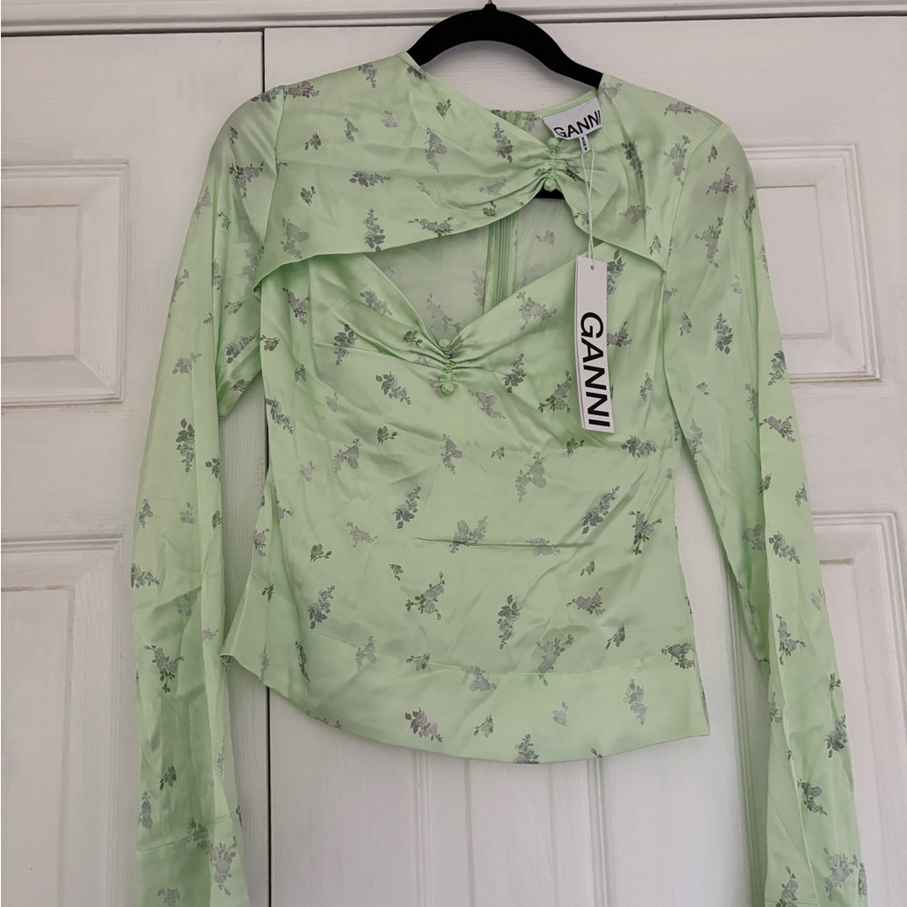 GANNI Women's Green Floral Top